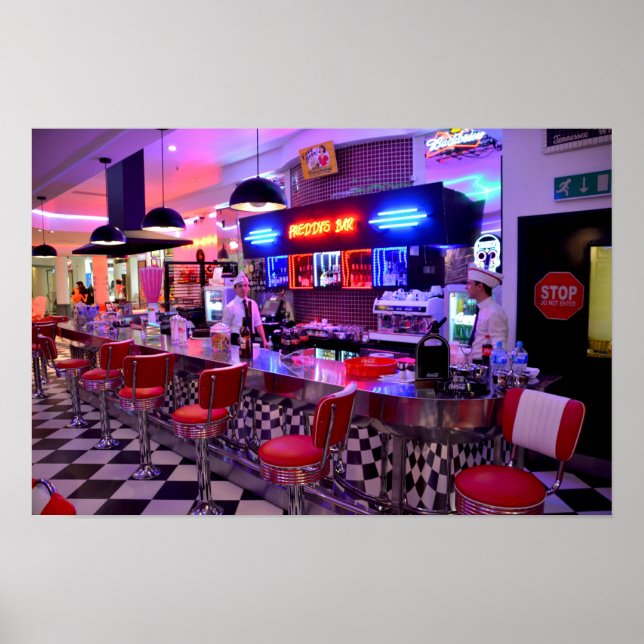 Neon Retro Diner Black White Chequered Poster (Front)