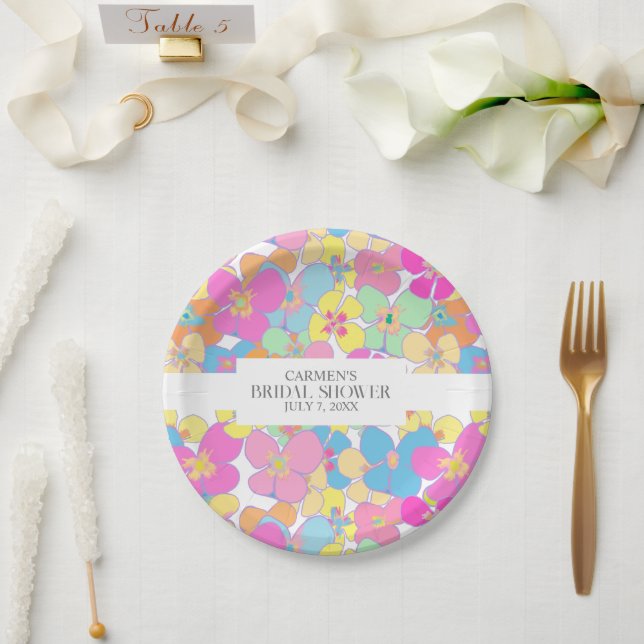 Neon Retro Floral Pink Colourful Bridal Shower Paper Plate (Wedding)