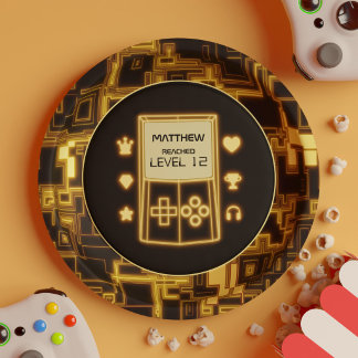 Neon Retro Gaming Console on Black Birthday Party Paper Plate