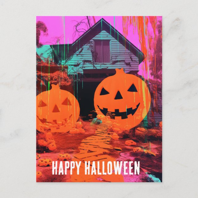 Neon Retro Haunted Halloween House Postcard (Front)