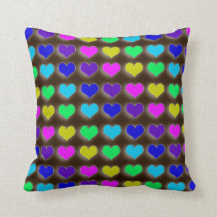 Neon Retro Hearts Throw Pillow