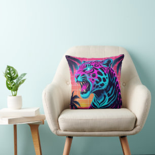 Neon Retro Jaguar – Vibrant Synthwave 80s Animal D Throw Pillow