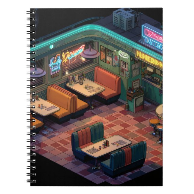 Neon Retro Pixel Diner Scene Notebook (Front)