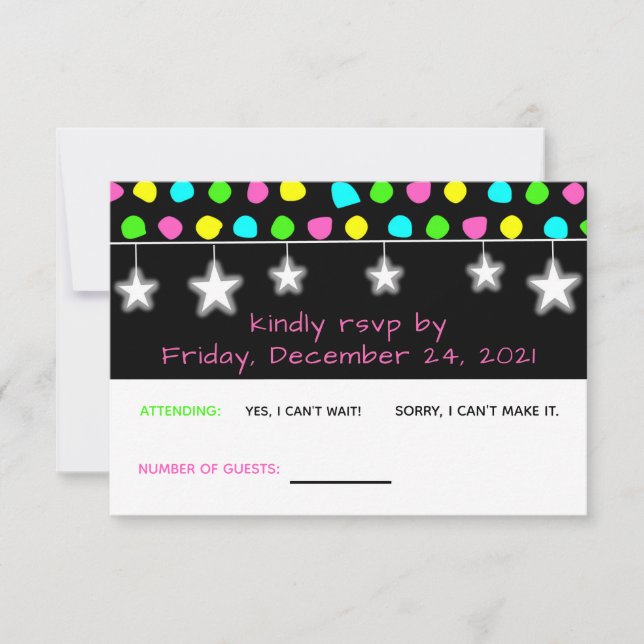 Neon Retro Stars Glow Party  RSVP Card (Front)