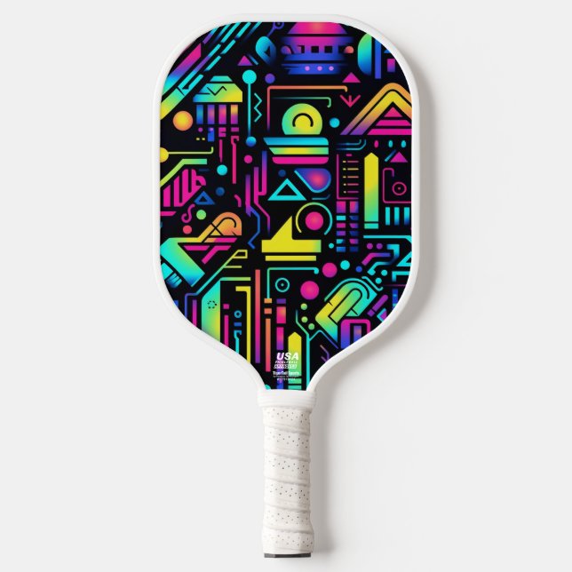 Neon Retro Tech Pickleball Paddle | 80s Gamer (Front)