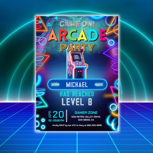 Neon retro video arcade gaming birthday party invitation (Neon Arcade Gaming Party Invitation)