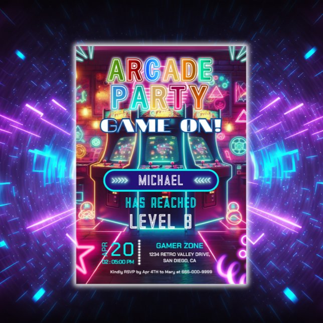 Neon retro video arcade gaming birthday party invitation (Neon Arcade Birthday Party Invitation)