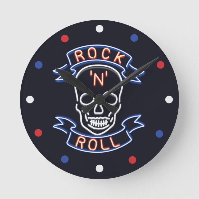 Neon Rock N Roll Skull Red Blue White  Wall Clock (Front)
