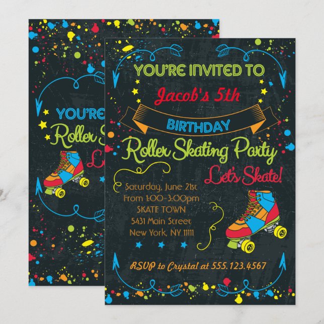 Neon Roller Patinage Party Invitation (Devant / Derrière)
