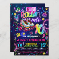 Neon Roller Skate 10th Birthday Invitation