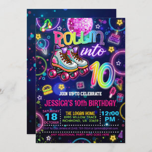 Neon Roller Skate 10th Birthday Invitation