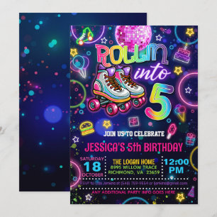 Neon Roller Skate 5th Birthday Invitation