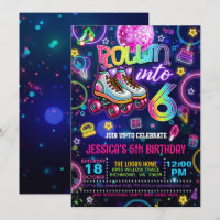 Neon Roller Skate 6th Birthday Invitation