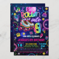 Neon Roller Skate 8th Birthday Invitation