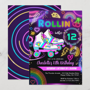 Neon Roller Skate Girl Birthday Party Invitation