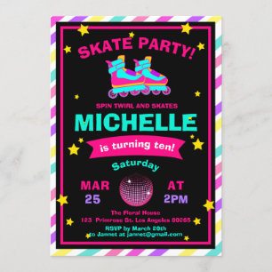 Neon Roller Skating Chalkboard Rainbow Birthday Invitation