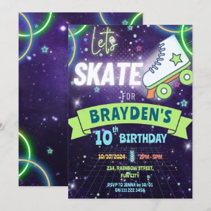 Neon Roller Skating Glow Birthday Boy  Invitation