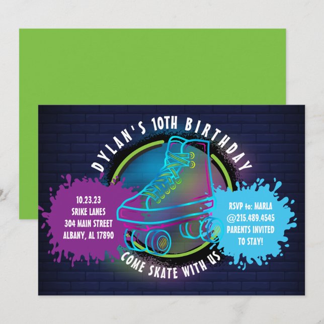 NEON ROLLER SKATING GLOW NEON GREEN Birthday Party (Front/Back)