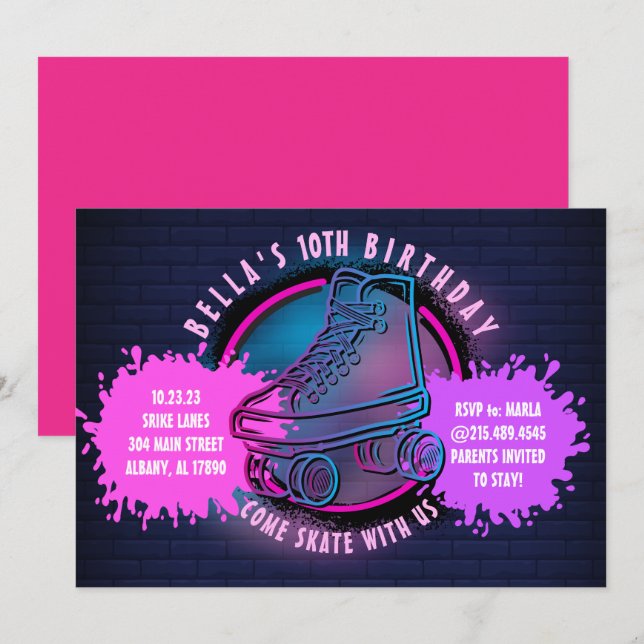 NEON ROLLER SKATING GLOW NEON PINK Birthday Party (Front/Back)