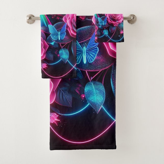 Neon Roses & Butterfly Bath Towel Set (Insitu)