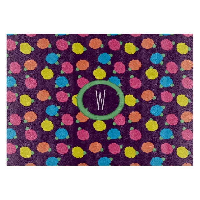 Neon Roses Glass Cutting Board (Front)