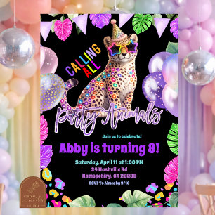 Neon Safari cheetah tween birthday invitation