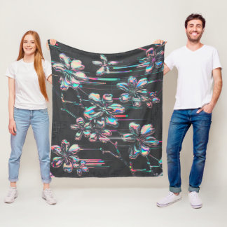 Neon Sakura Glitch – Futuristic Floral Pattern Fleece Blanket