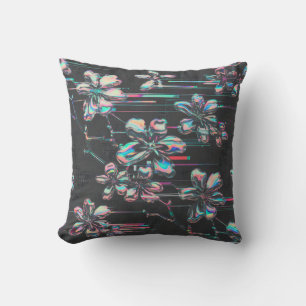 Neon Sakura Glitch – Futuristisches Blumenmuster Throw Pillow