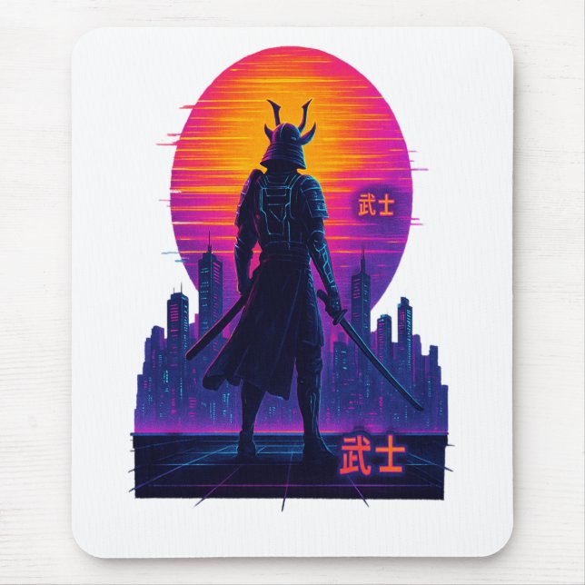 Neon Samurai - Cyberpunk Warrior Art Mouse Pad (Front)