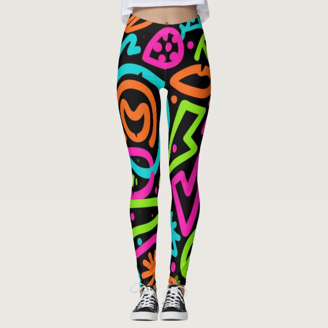 Neon Scribble Splash Leggings – Retro Pop Vibes (Front)