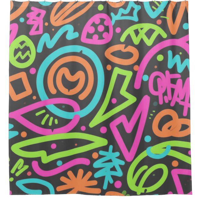 Neon Scribble Splash Shower Curtain – Funky Retro  (Front)