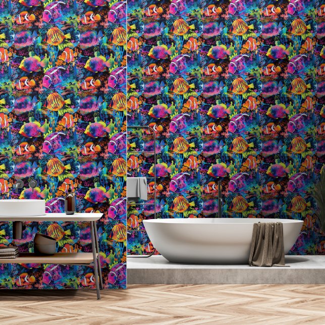 Neon Sea Life Pattern Wallpaper (Bathroom)