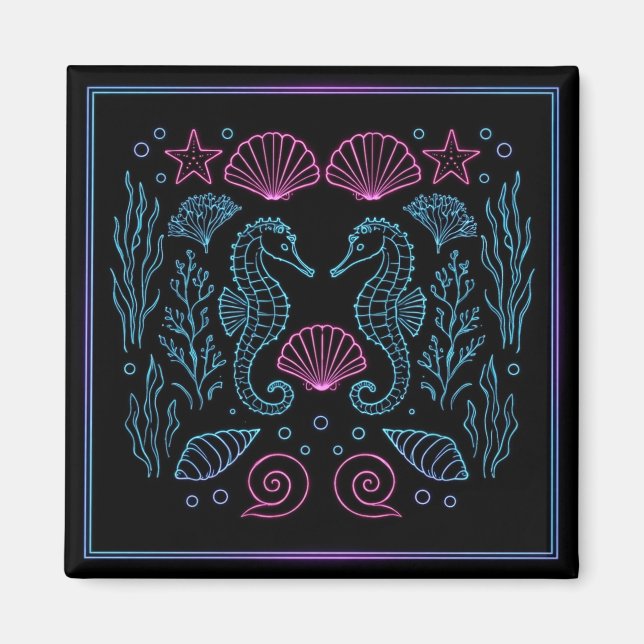 Neon Seahorses Purple shells nautical  Magnet (Front)