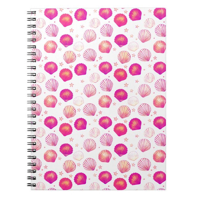 Neon Seashells on Black – Seamless Coastal Pattern Notebook (Front)