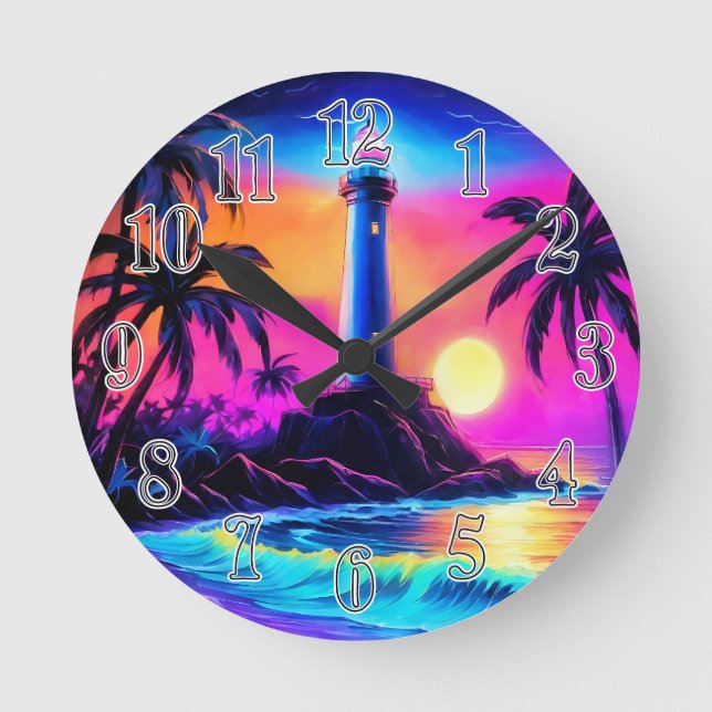 Neon Seaside Beacon 3 Round Clock (Front)