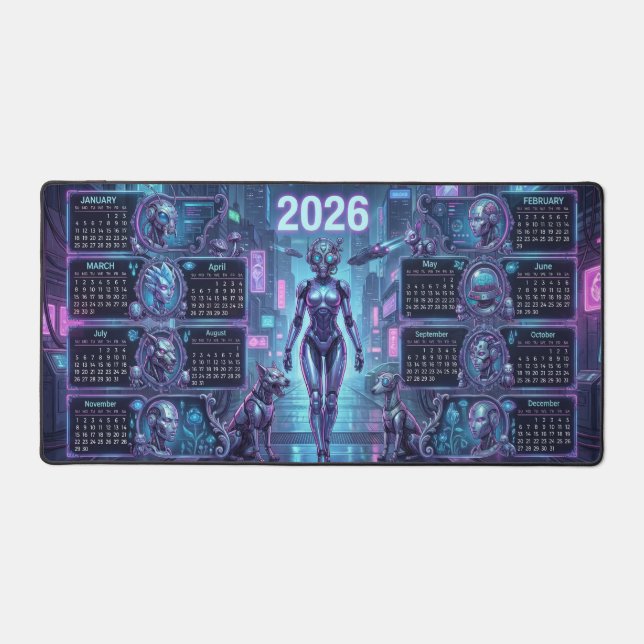 Neon Sentinel 2026 – Cyberpunk Android & Robo-Pets Desk Mat (Front)
