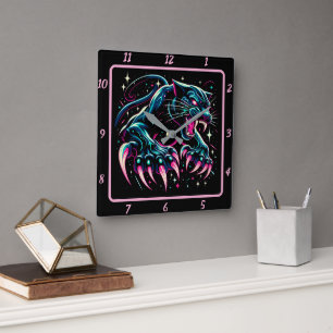 Neon Shadow Panther Timepiece Glow Square Wall Clock