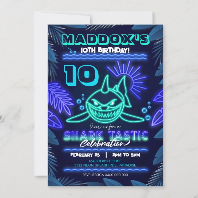 Neon Shark Party Invitation Sharktastic (Devant)