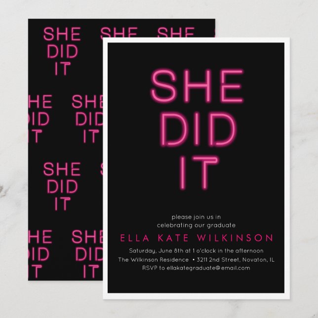 Neon- She Did It Graduation Party Invitation (Front/Back)