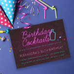 Neon Sign Birthday Cocktail Party Invitation<br><div class="desc">Neon sign "birthday cocktails" with bottle silhouette. Brick background; pink and turquoise colours.  Customize with your details; add more photos and/or text to the back; backer colour is editable.</div>