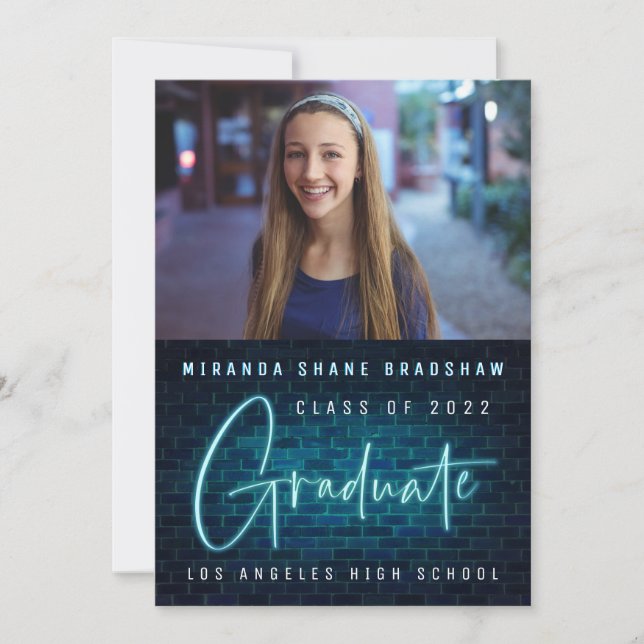 Neon Sign Blue Graduate Photo Announcement (Front)