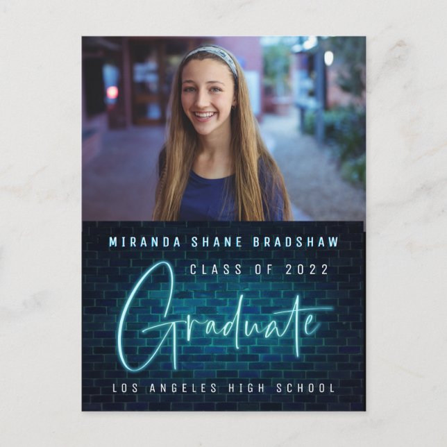 Neon Sign Blue Graduate Photo Announcement (Front)