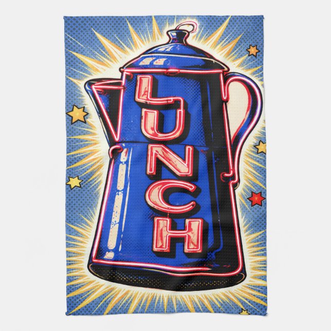 Neon Sign, Coffee Pot, Lunch, POP Art Style Kitchen Towel (Vertical)