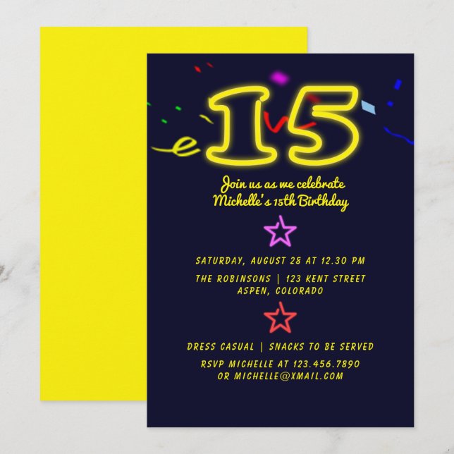 Neon Sign Fifteenth Birthday Party Invitation (Front/Back)
