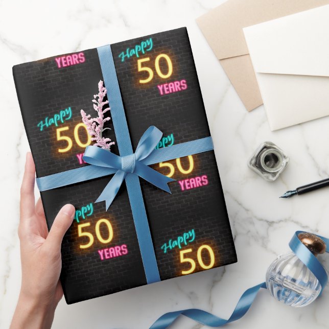 Neon Sign on Brick for 50th Birthday Wrapping Paper (Gifting)
