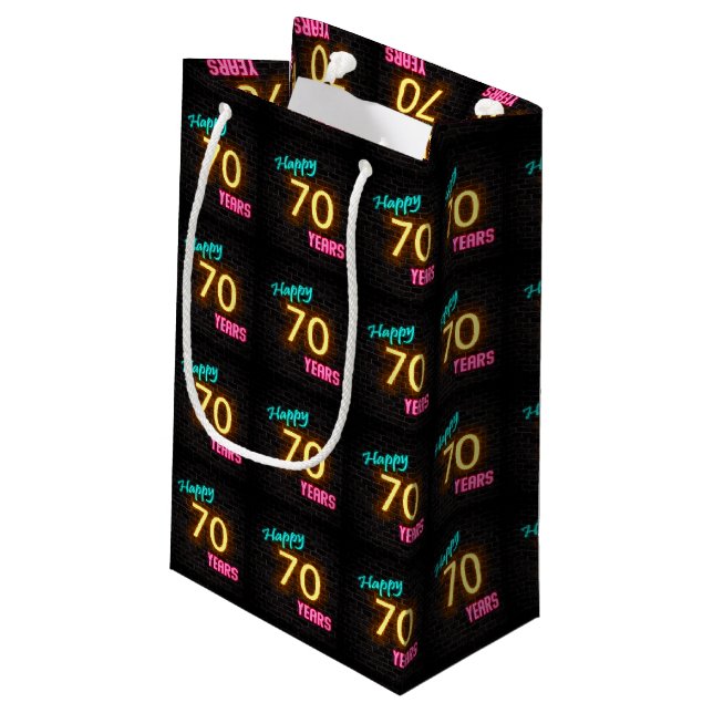 Neon sign on brick for 70th birthday small gift bag (Back Angled)