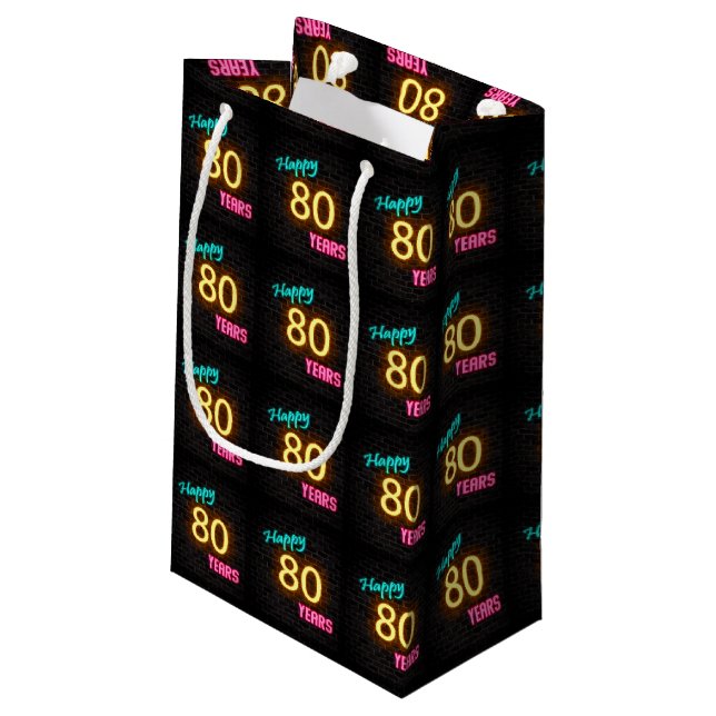 Neon sign on brick for 80th birthday small gift bag (Back Angled)