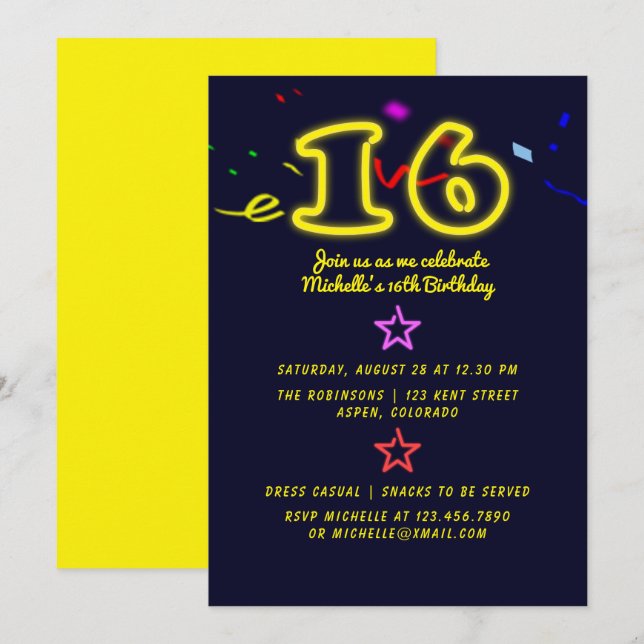 Neon Sign Sixteenth Birthday Party Invitation (Front/Back)