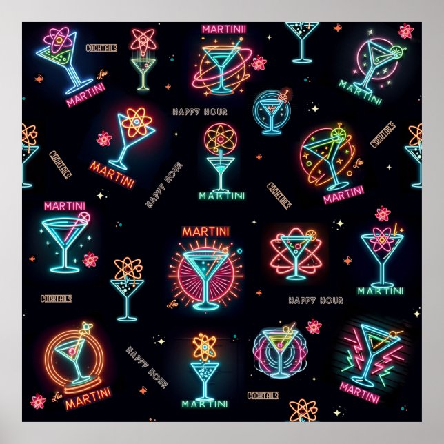 Neon Sign Space Age Atomic Martini Cocktails Print (Front)