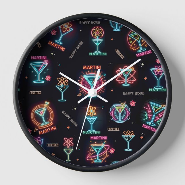 Neon Sign Space Age Atomic Martini Cocktails Print Clock (Front)
